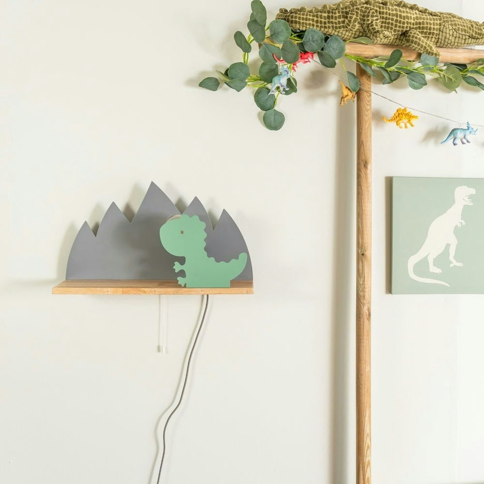 image 1 of ValueLights Kids Green and Grey Dinosaur Design Plug in Wall Light with Shelf and Pull Cord Switch - Including Bulb