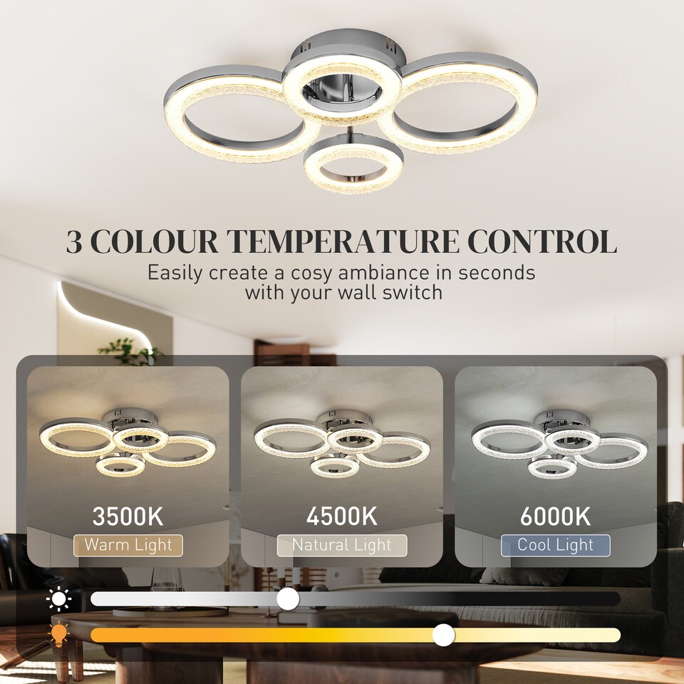 image 1 of HOMCOM LED Ceiling Light, Modern 4 Rings Ceiling Lamp with Wall Switch Control, 40W 4350lm Flush Mount Ceiling Light with 3500K/4500K/6000K Colour Temperatures for Living Room, Bedroom, Silver Tone | Silver