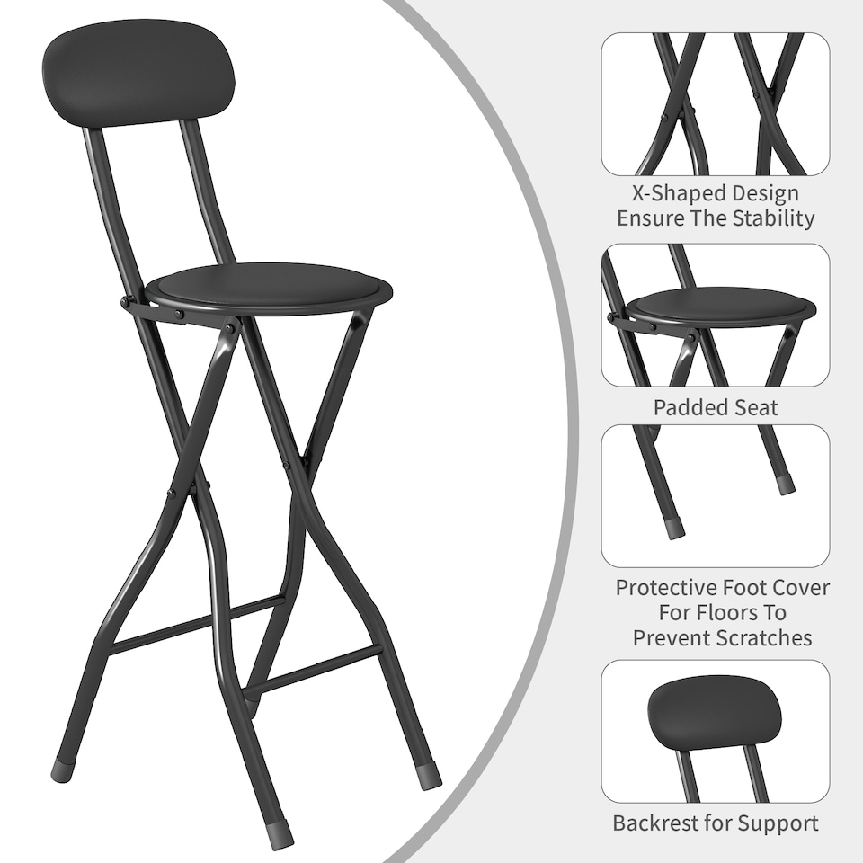 image 1 of Folding Breakfast Bar Stool padded High Chair Set of 2 Black