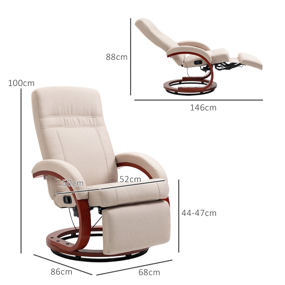 image 1 of HOMCOM Swivel Recliner Chair with Footstool and Wood Base, Manual Reclining Chair for Living Room, Bedroom, Beige
