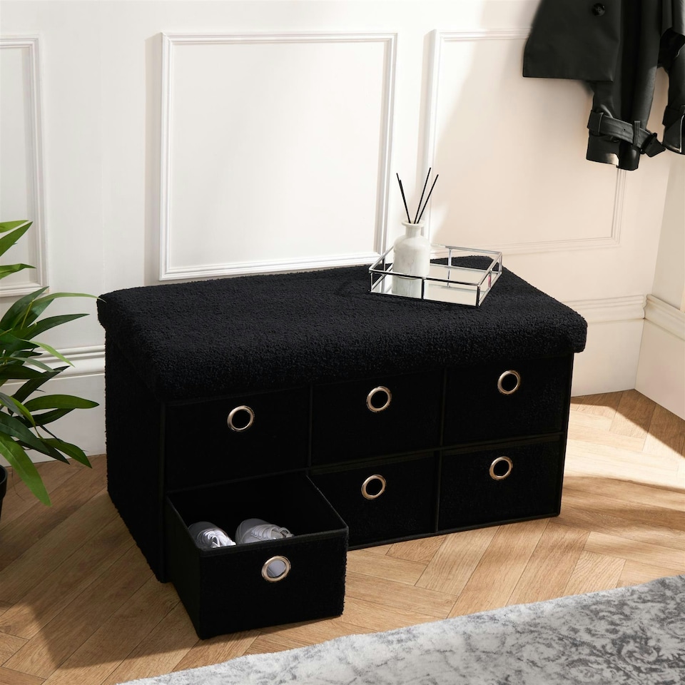 image 1 of OHS 6 Drawer Soft Boucle Home Hallway Bedroom Shoe Storage Cube Organiser Ottoman Chest Unit | Black