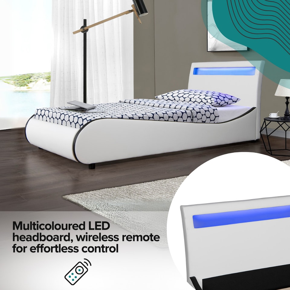 image 1 of Orion LED Lights Headboard Gaming Style White and Black Faux Leather Bed Frame (Single) | White | White