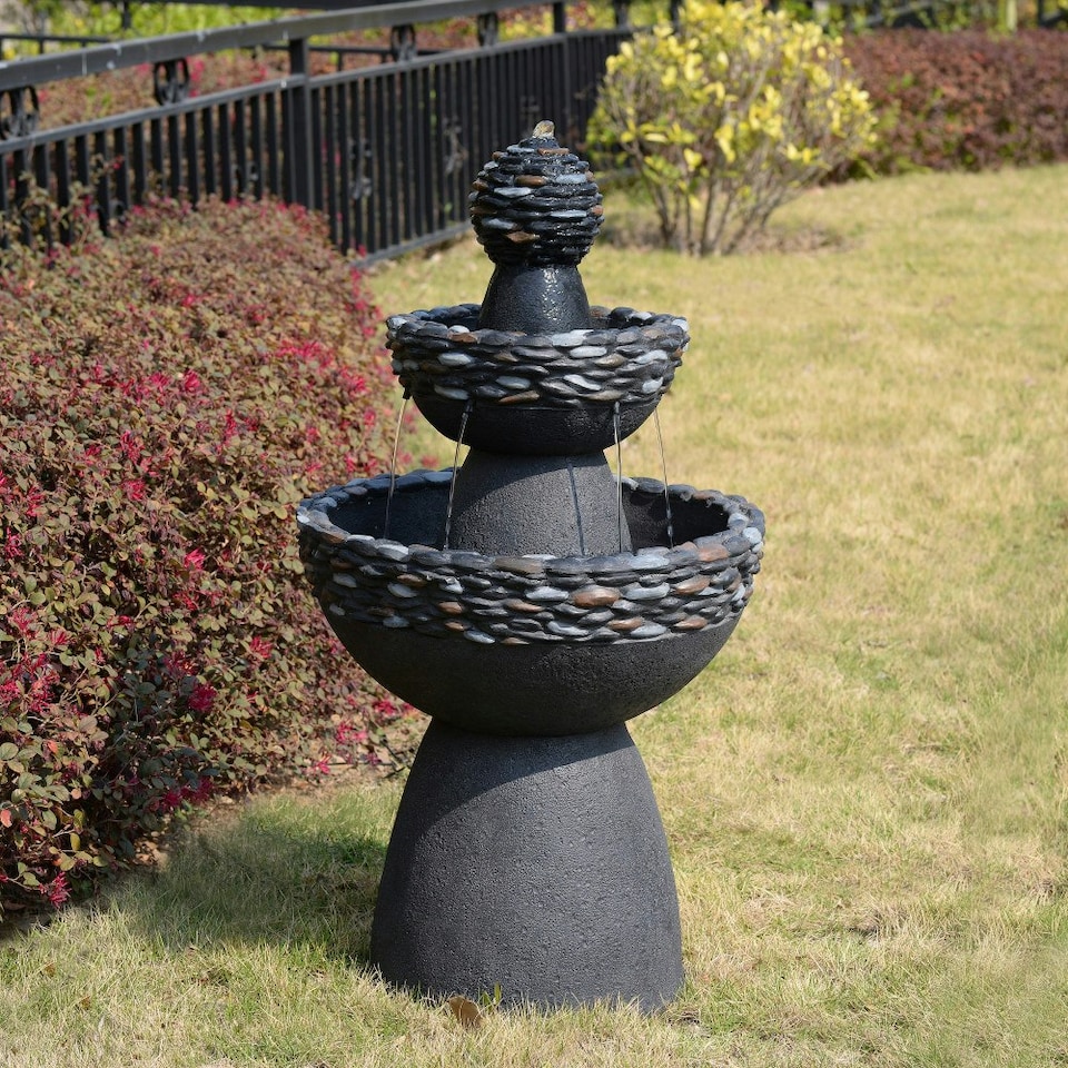 image 1 of Teamson Home Garden Outdoor Water Feature, 3-Tier Pedestal Water Fountain, Dark Grey Stone Finish