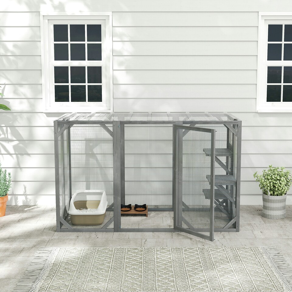 image 1 of PawHut 71"Wooden Cat House with 3 Platforms, Large Door for Multiple Cats