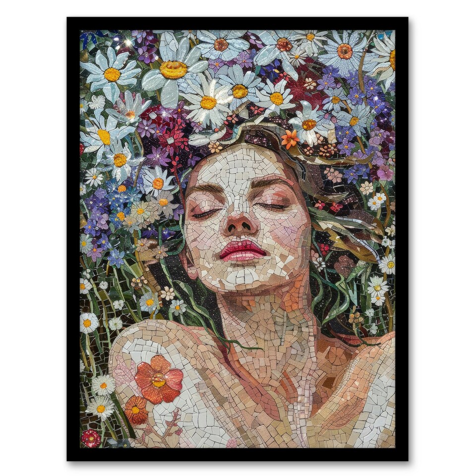 image 1 of Woman Laying Spring Flower Field Mosaic Black Framed Wall Art Print A4