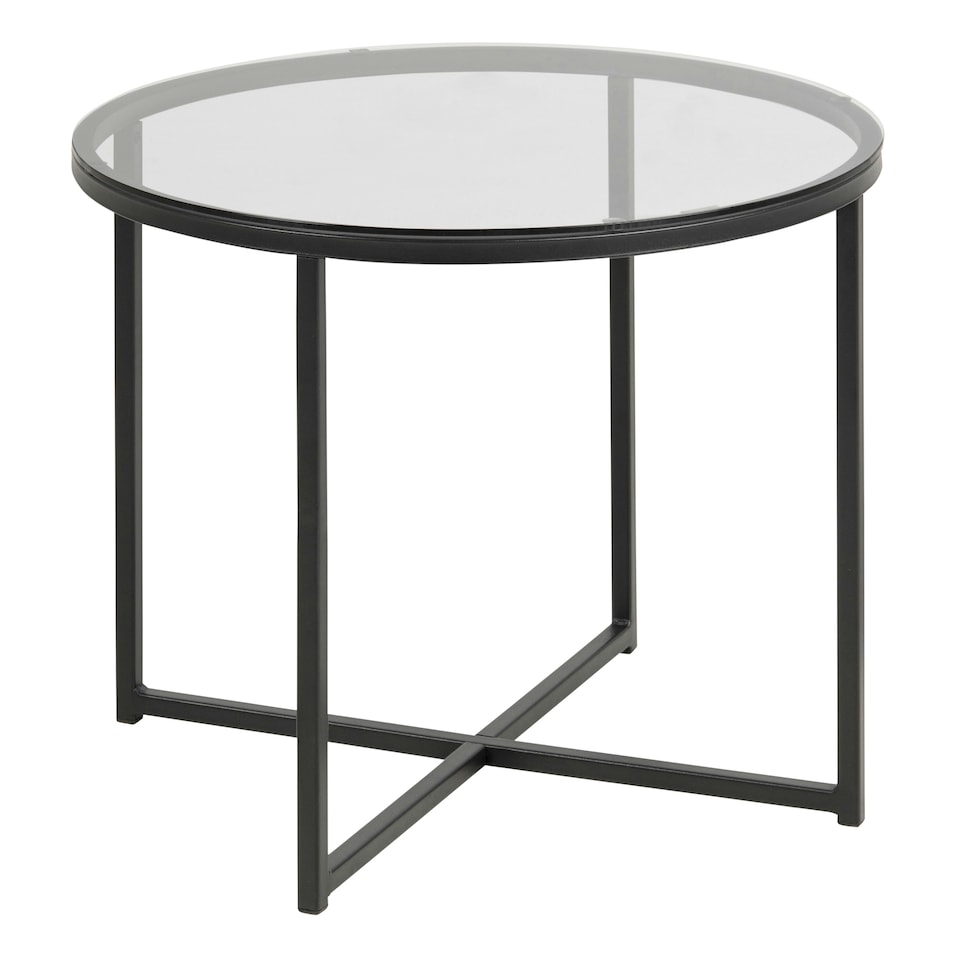 image 1 of Cross Round Metal Side Table with Smoked Glass Top