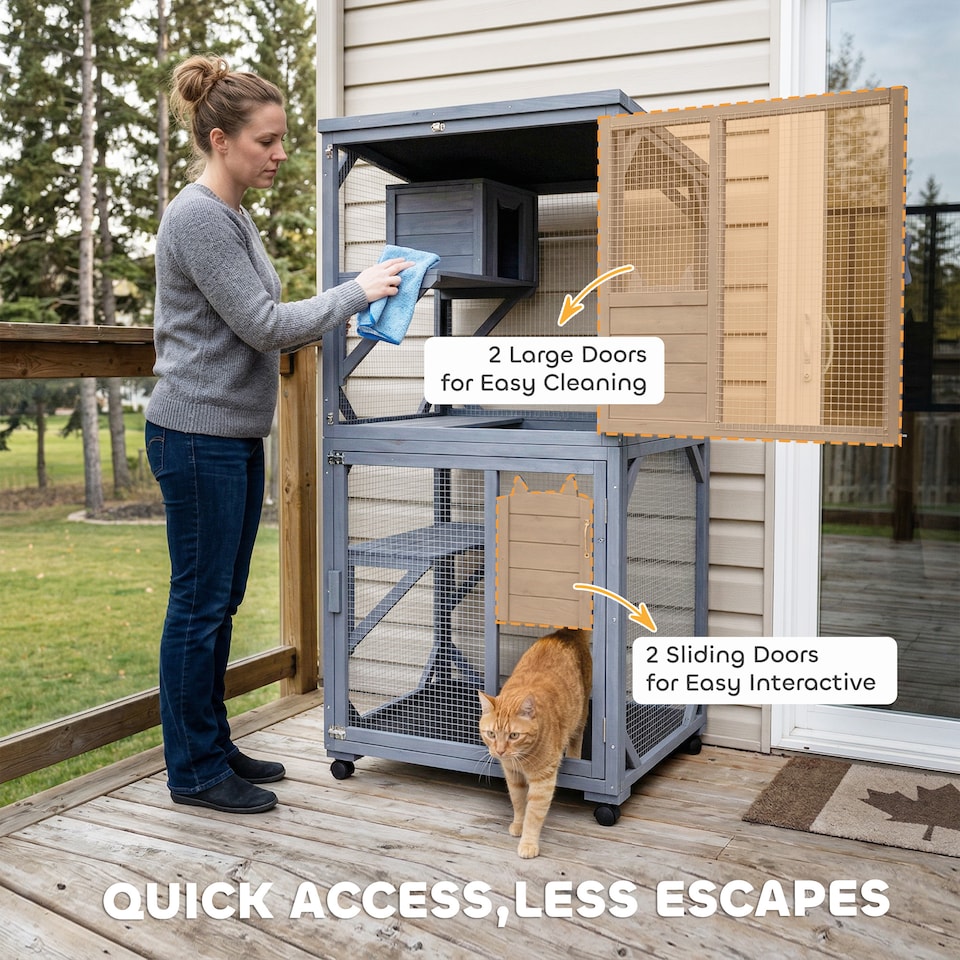image 1 of PawHut Outdoor Catio, Wooden Cat House on Exercise Wheels Indoor Outdoor