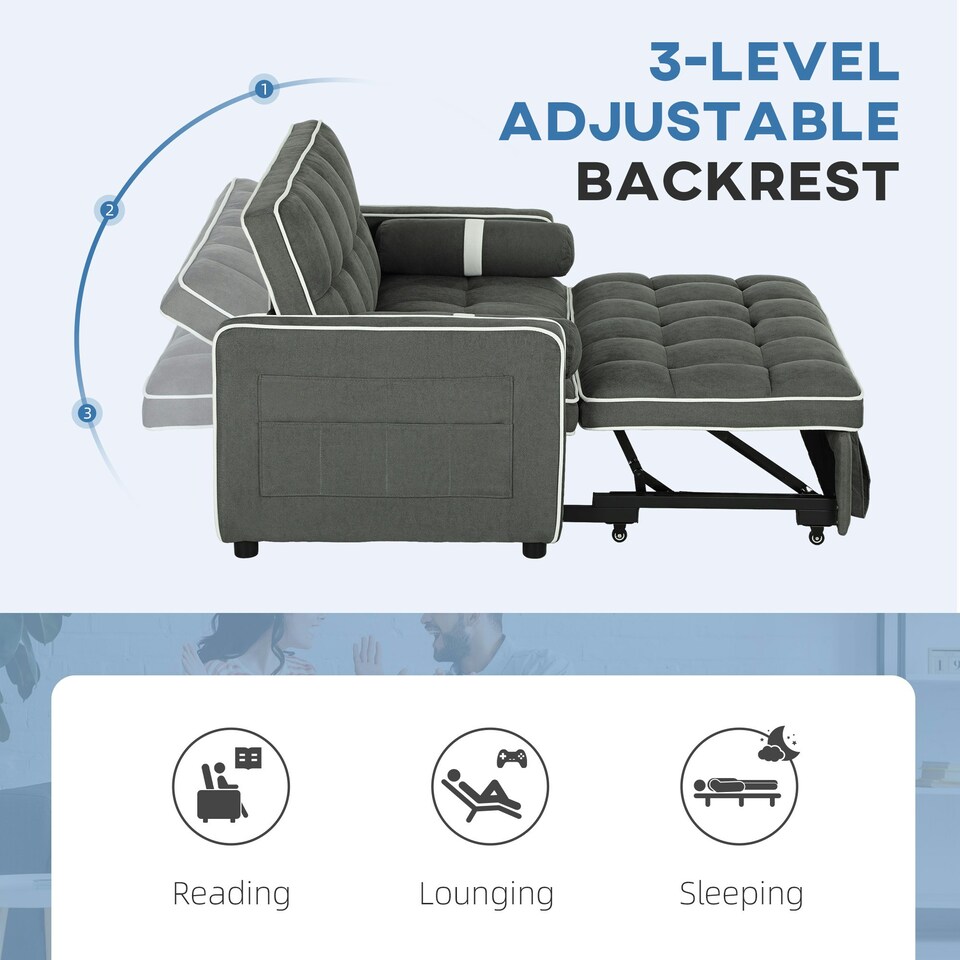 image 1 of HOMCOM 2 Seater Pull Out Sofa Bed Adjustable Backrest, Charcoal Grey Grey