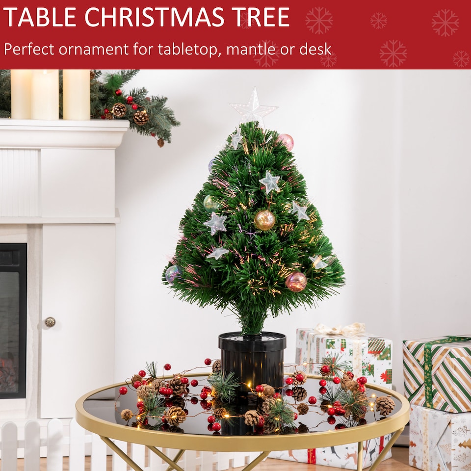 image 1 of HOMCOM 2FT Prelit Artificial Christmas Tree Tabletop Multicoloured Fibre Optic Xmas Decoration w LED Lights Pot Table Desk Green