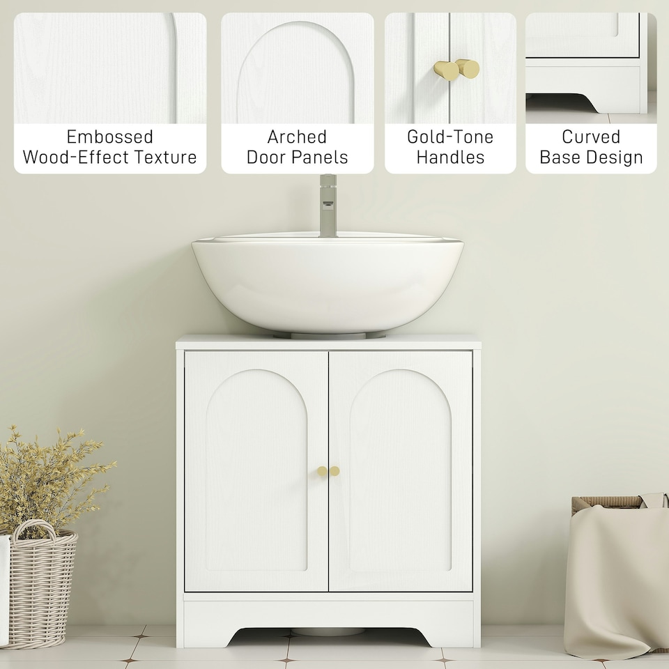 image 1 of HOMCOM Modern Under Sink Cabinet for Basin without or with Pedestal, White White | Gold-tone knobs