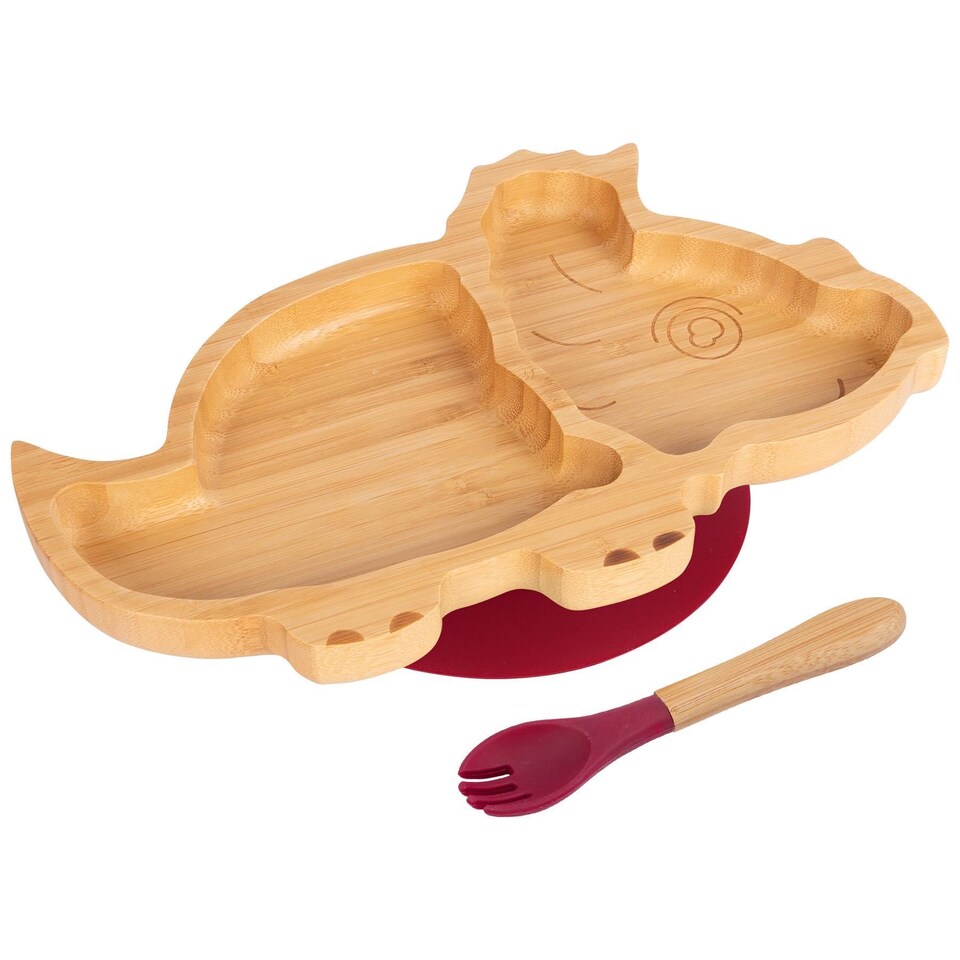 image 1 of Tiny Dining Bamboo Dinosaur Baby Weaning Plate & Fork Set - Red