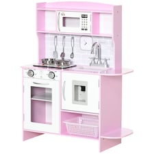 HOMCOM Children Wooden Play Kitchen with Lights Sounds, Kids Kitchen Playset with Water dispenser, Microwave, Utensils, Sink, Storage, for Ages 3-6 Years - Pink