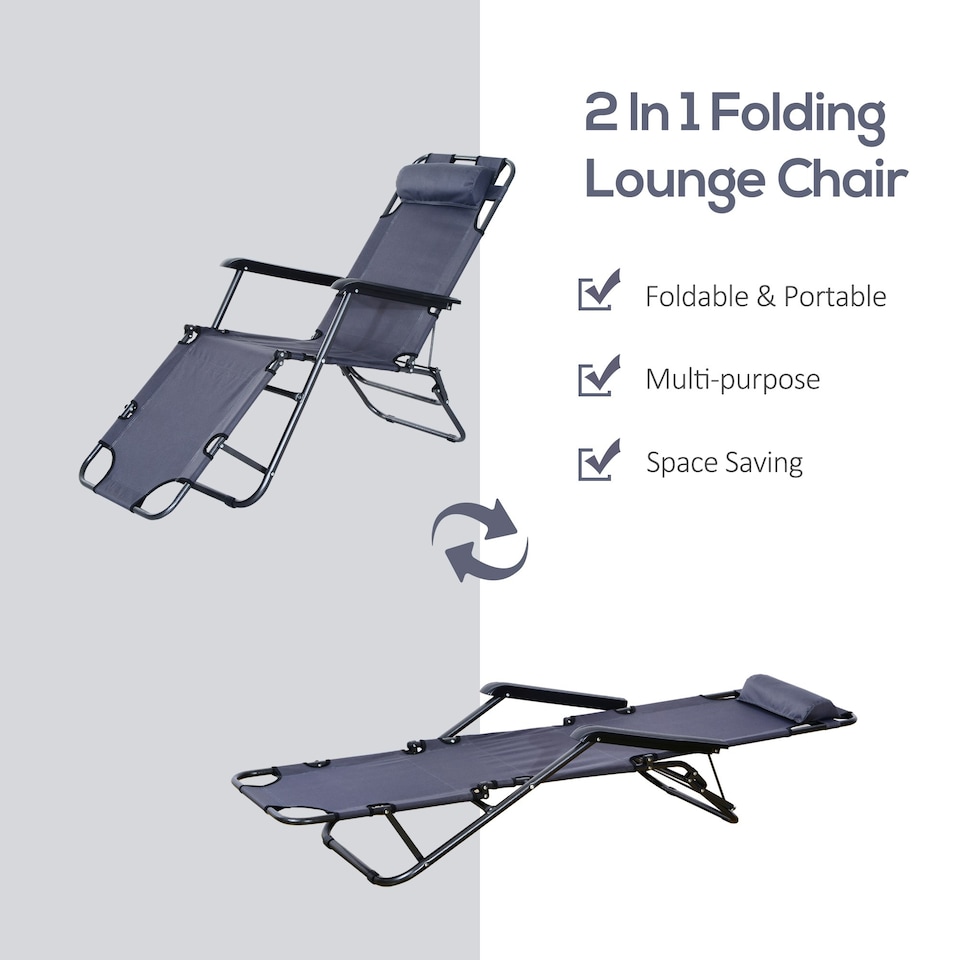 image 1 of Outsunny 2 in 1 Outdoor Folding Sun Lounger with Adjustable Back Grey