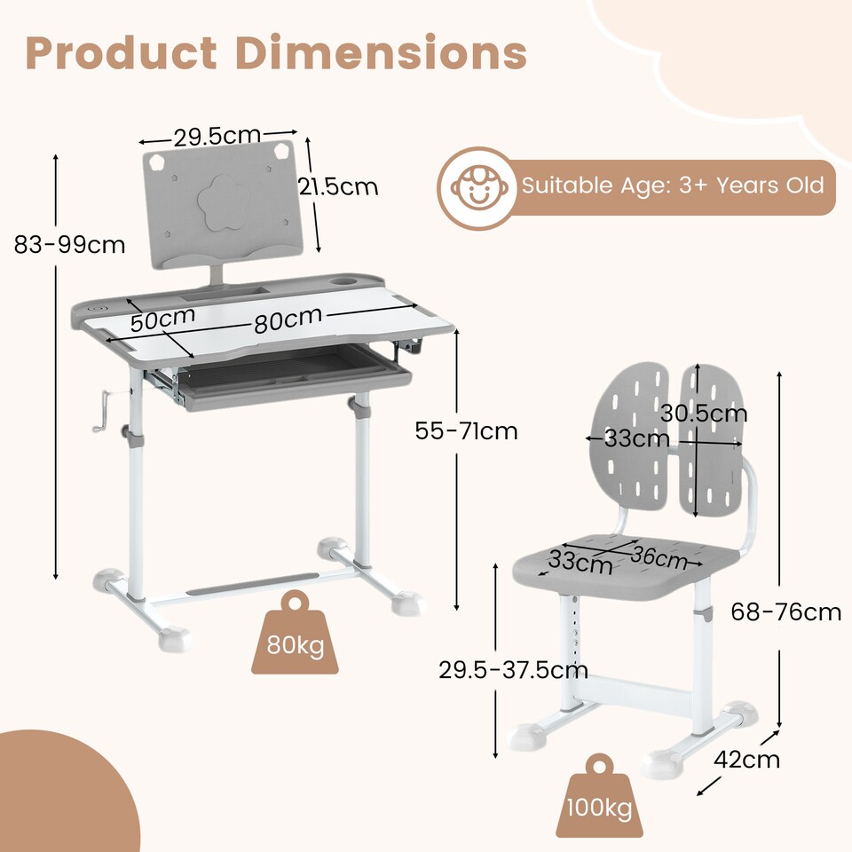 image 1 of COSTWAY Kids  Study Desk & Chair Set Height-Adjustable Children Study Desk-Grey