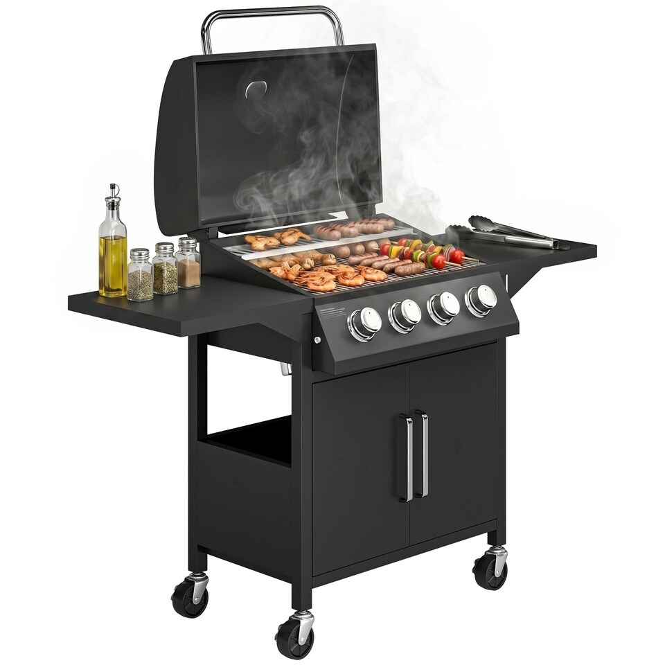image 1 of Outsunny 4 Burner Gas Grill 11.6 kW Portable Barbecue Trolley with Shelves