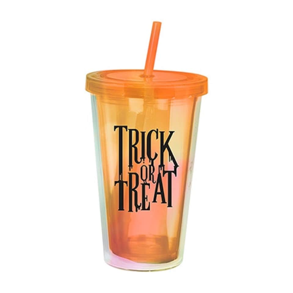 Trick or Treat Orange Holographic Halloween Plastic Tumbler with Straw 500ml
