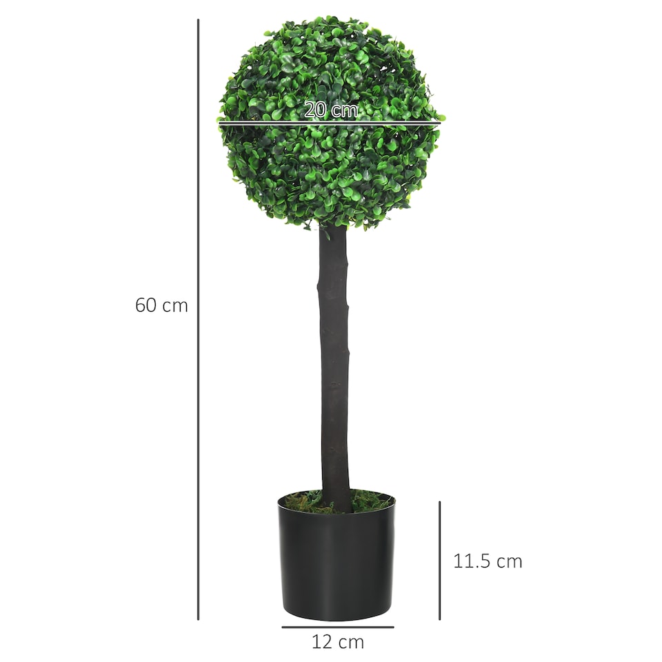 image 1 of HOMCOM Set of 2 Decorative Artificial Trees, Topiary Ball-shaped Boxwood Trees in Pot, Fake Plants for Home Indoor outdoor Decor, 60cm, 1 Tree Balls