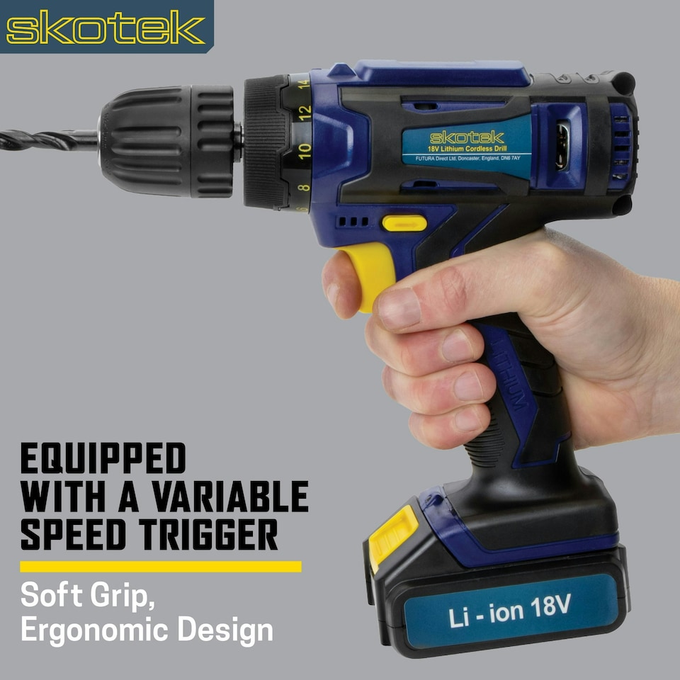 image 1 of Skotek 18V Cordless Drill & 13pc Screwdriver Set (Battery & Charger Included)