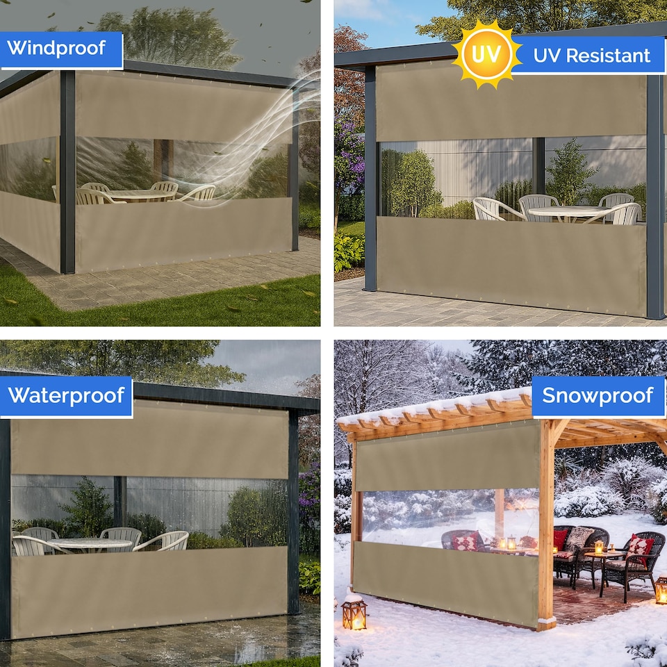 image 1 of Covers&All Outdoor Clear Panel Curtain, Outdoor Curtains for Patio, Waterproof & Weather Resistant Tarp, 10 x 10 ft, Beige