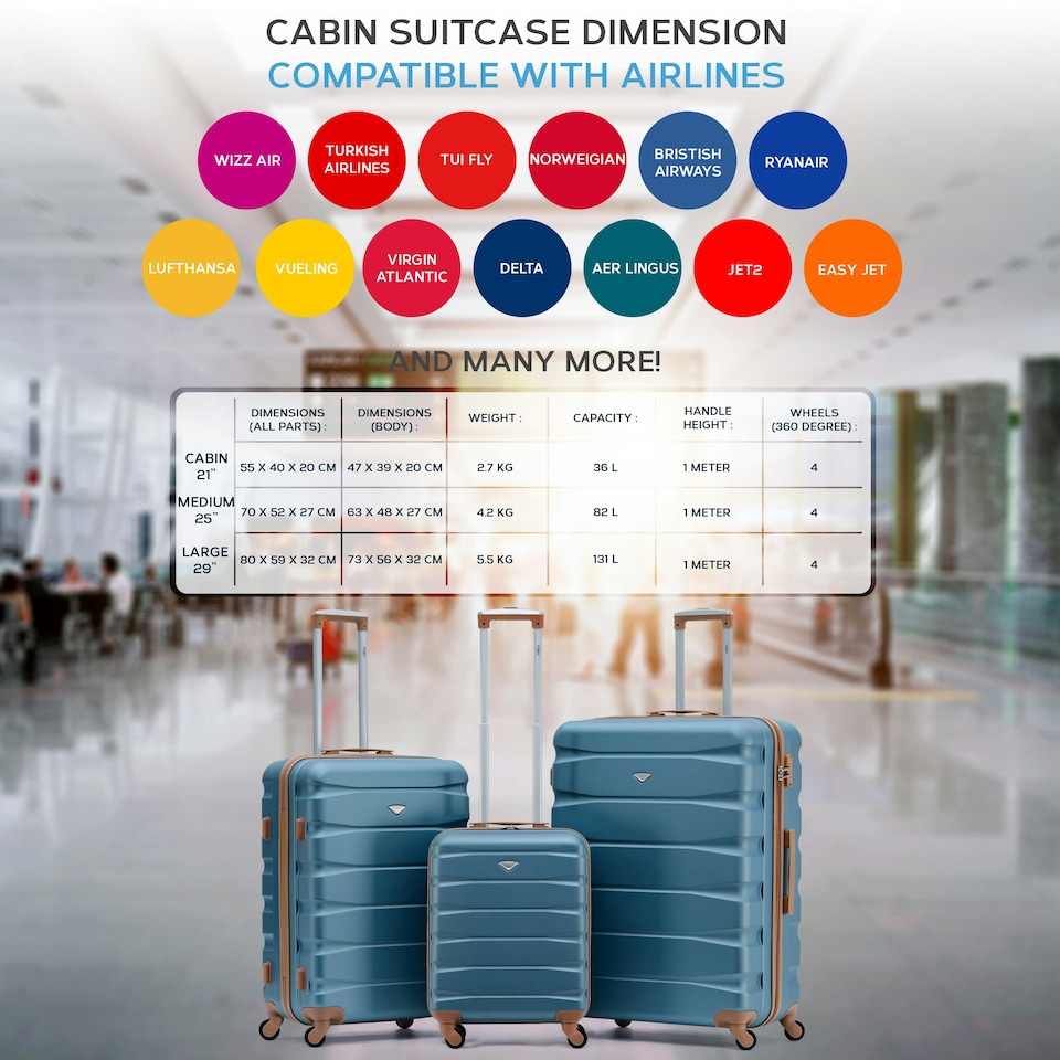 image 1 of Flight Knight Suitcase Set, Large Suitcase, Extra Large Suitcase, Cabin Suitcase 55x40x20cm - 60+ Airlines Approved - EasyJet, Jet2, Ryanair Priority Carry On Blue | Blue/Tan | Large