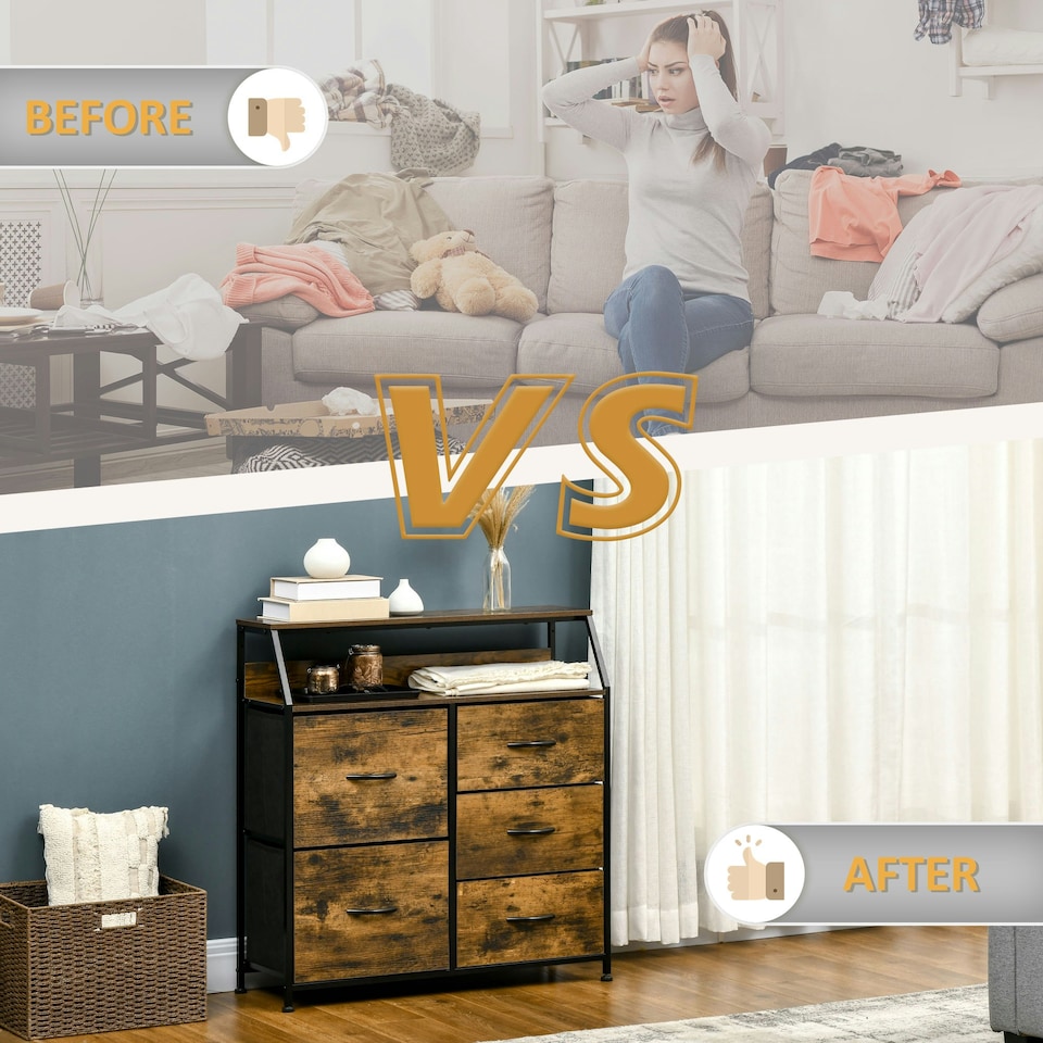 image 1 of HOMCOM Bedroom Chest of Drawers with 5 Fabric Drawers, Open Shelf, Rustic Brown