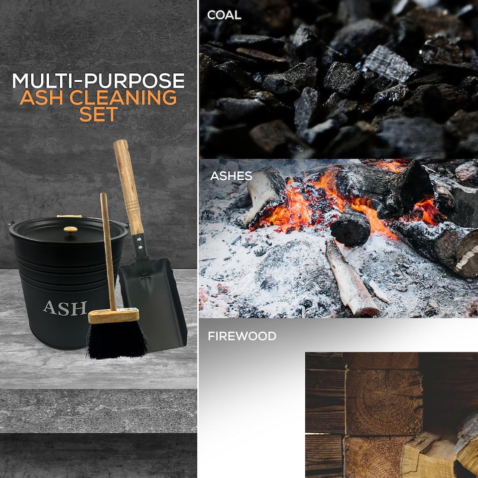 image 1 of Metal Ash Bucket with Lid and Fireside Companion Set Coal Shovel and Brush Kit