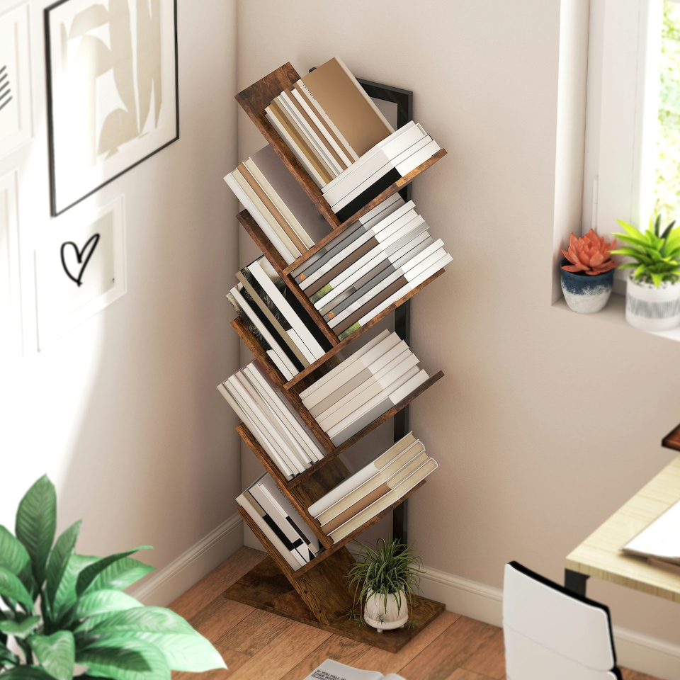 image 1 of HOMCOM 9-Tier Tree Bookshelf with Steel Frame for Living Room, Rustic Brown