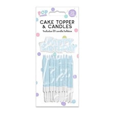 Pastel Blue Happy Birthday Cake Topper and Candles with Holders Blue