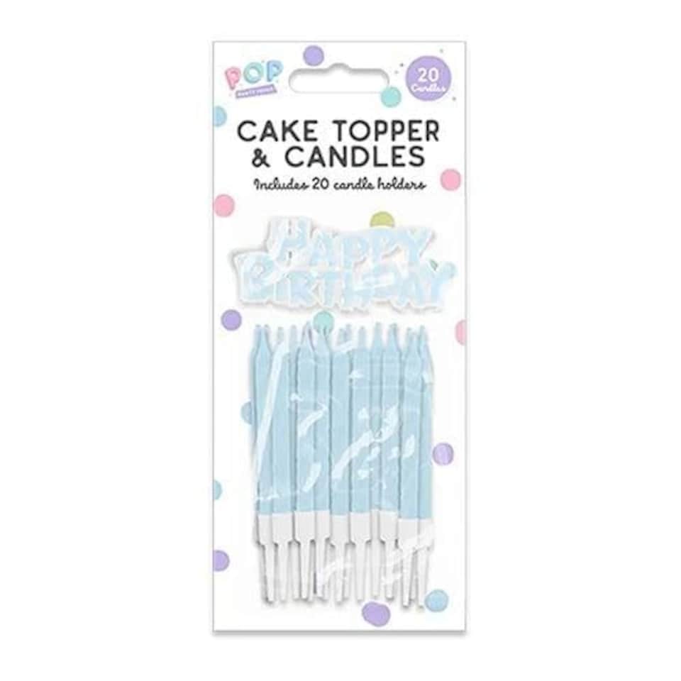Pastel Blue Happy Birthday Cake Topper and Candles with Holders Blue