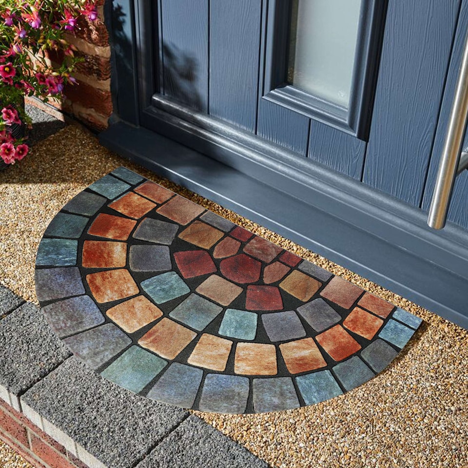 image 1 of Nicoman Rubber Elegant Blue Tile Halfmoon Doormat - 75x44cm