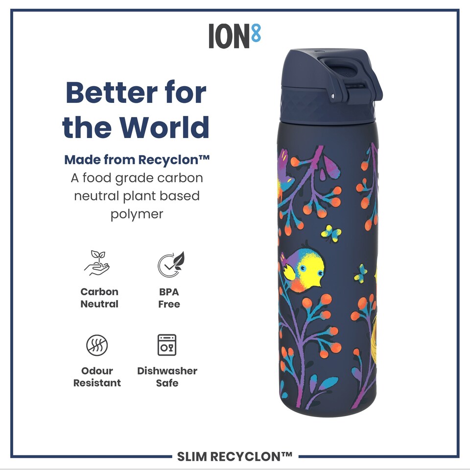 image 1 of Leak Proof Slim Water Bottle, BPA Free, 500ml (18oz) | Blue | Birds | One Size