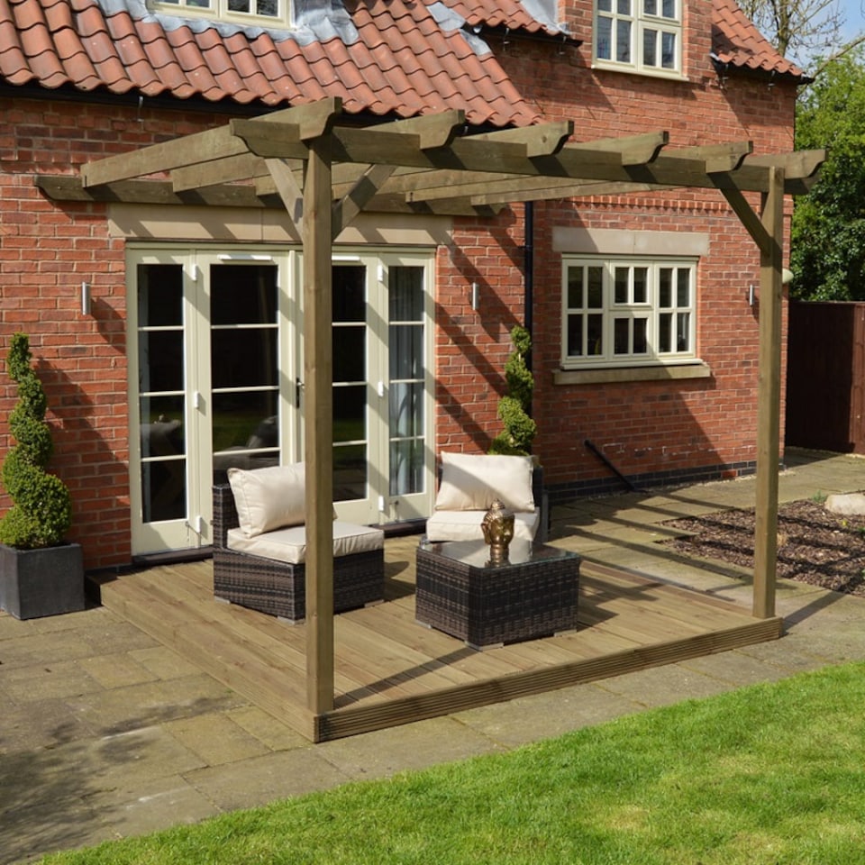 image 1 of Wall Mounted Pergola and Decking Kit - L240 x W240 x H270 cm - Rustic Brown