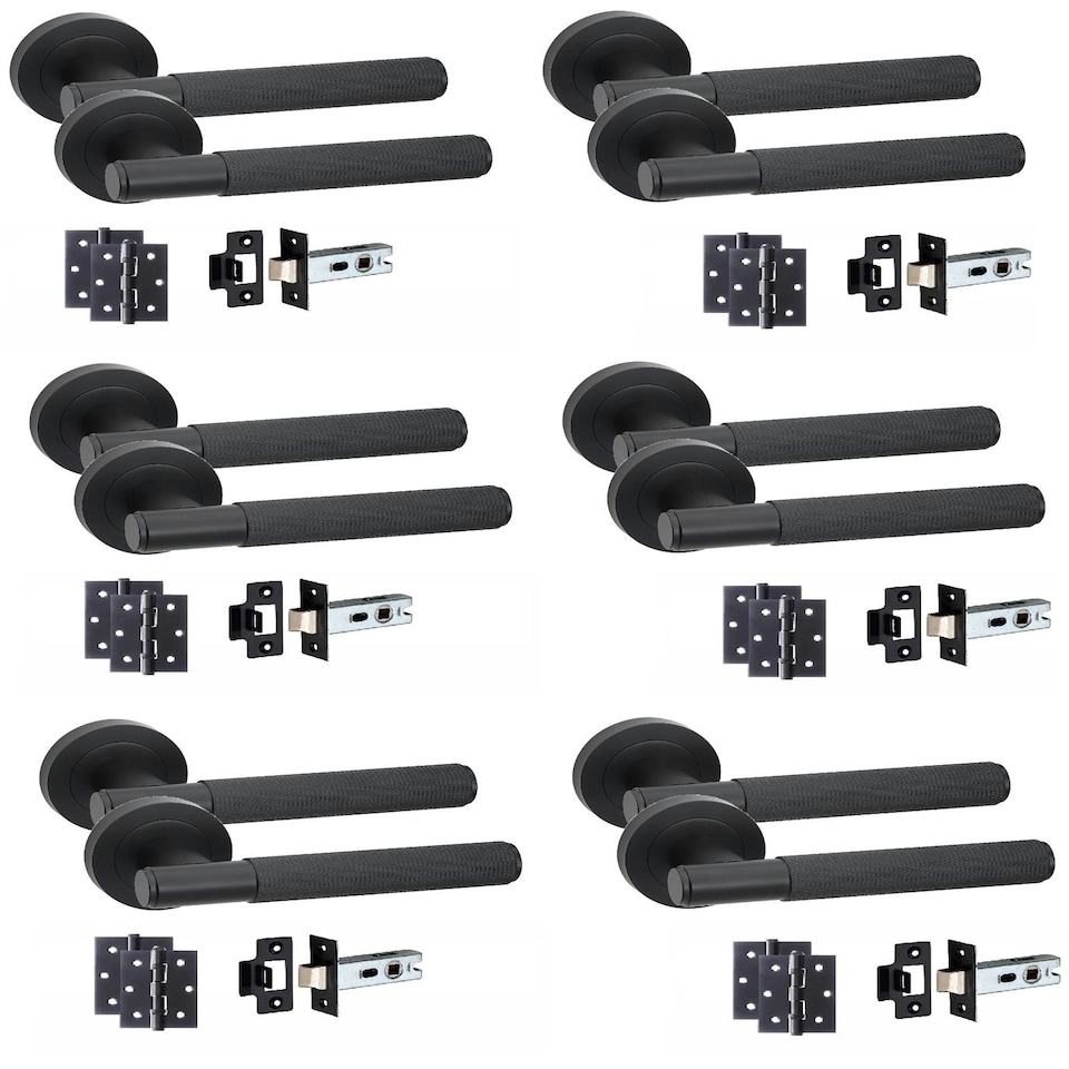 image 1 of Golden Grace 6 Sets Knurled T-Bar Door Handles in Matt Black Finish with Latch and Ball Bearing Hinges Black