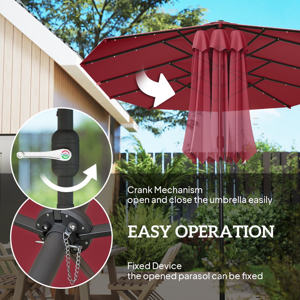 image 1 of Outsunny 4.4m DoubleSided Sun Umbrella Garden Parasol Patio Sun Shade Outdoor with LED Solar Light, NO BASE INCLUDED, Wine Red