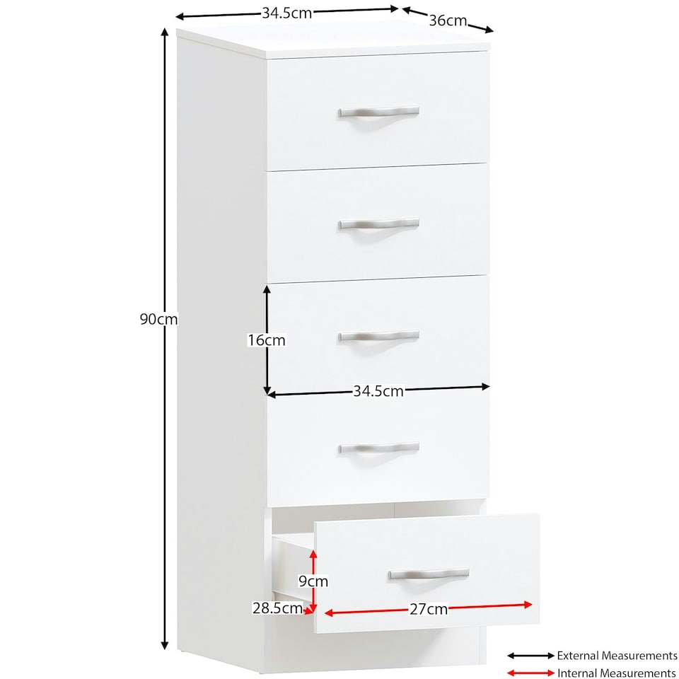 image 1 of Vida Designs Riano 5 Drawer Narrow Chest of Drawers Bedroom Storage, White