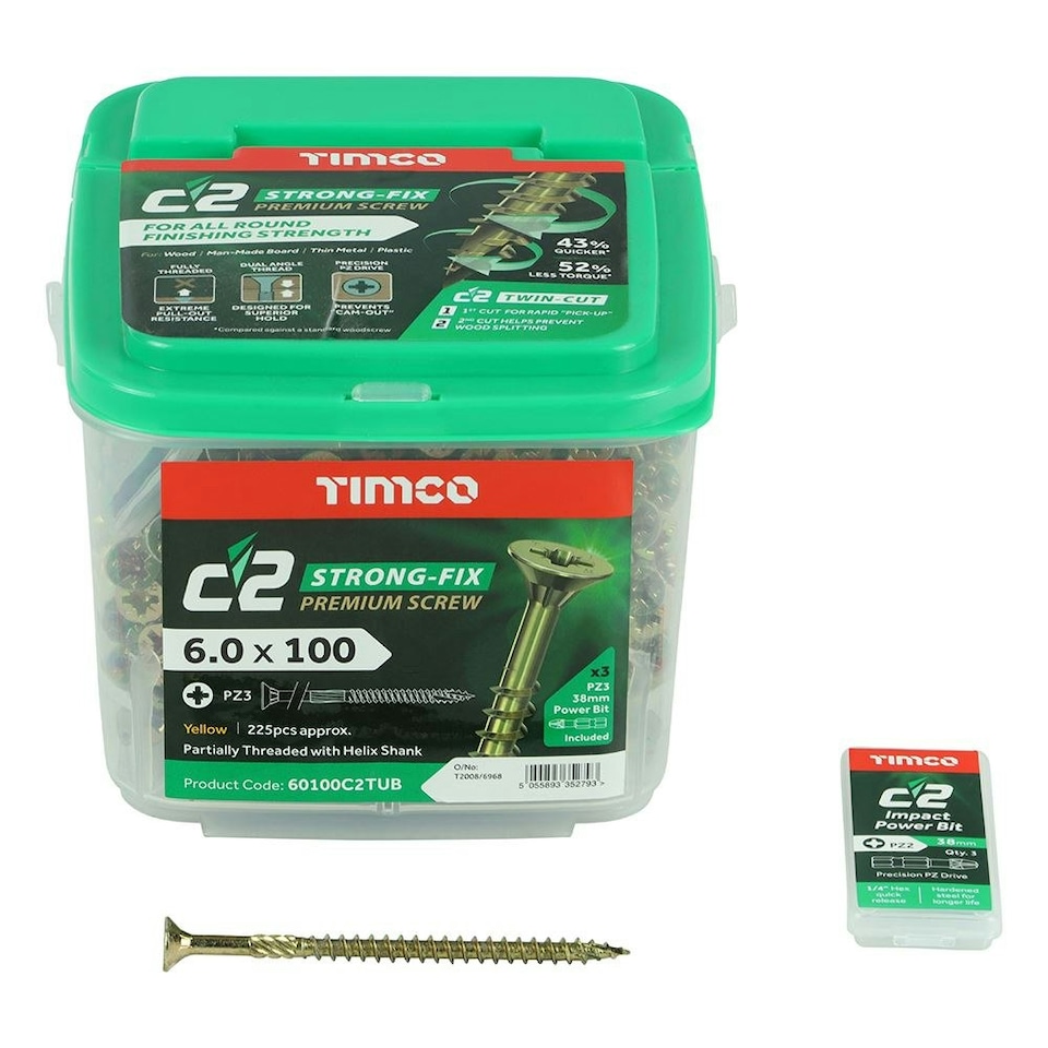 image 1 of Timco - C2 Strong-Fix Multi-Purpose Premium Screws - PZ - Double Countersunk - Yellow (Size 6.0 x 100 - 225 Pieces)