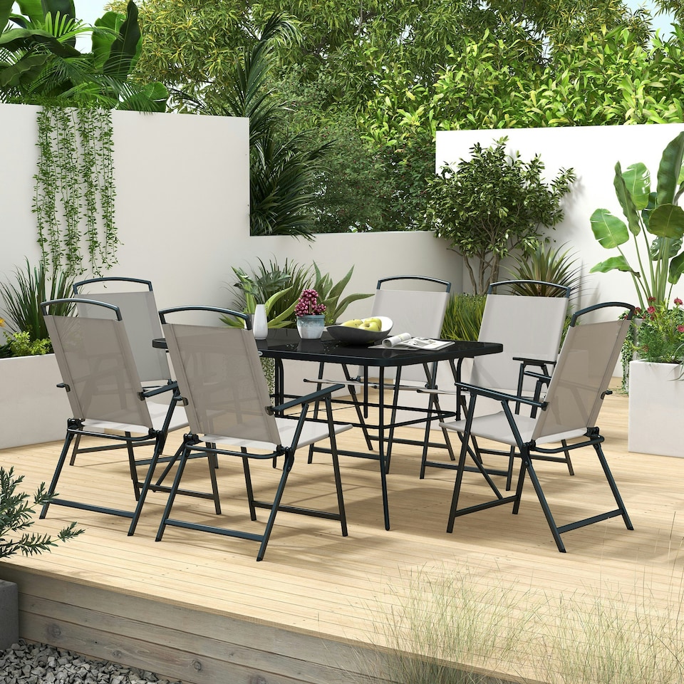 image 1 of Outsunny 7 Pieces Garden Table and Chairs with Tempered Glass Top Grey