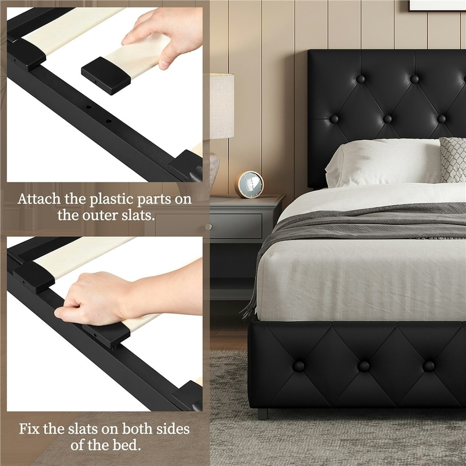image 1 of Yaheetech 135 cm W x 190 cm L Bed Frame with Adjustable Headboard and 2 Drawers Black