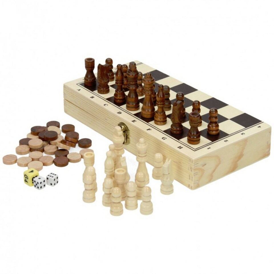 image 1 of The Magic Toy Shop 3-in-1 Chess Draughts Backgammon Compendium Wooden Board Game Set