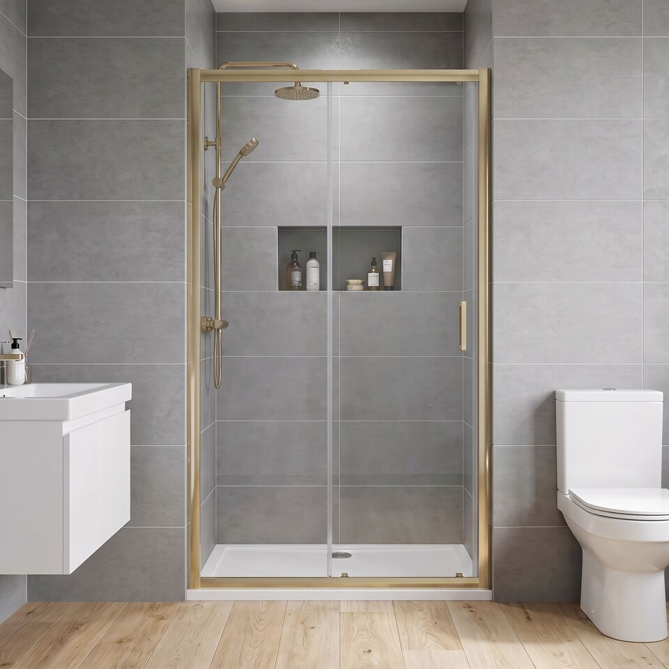 image 1 of Balterley Toughened Safety Glass Reversible Sliding Shower Door | Copper | Brushed Brass | 1