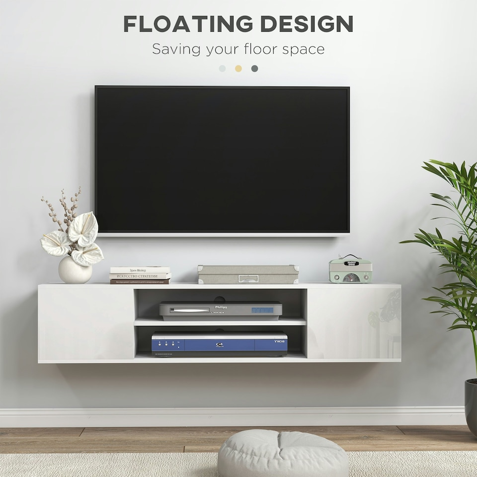 image 1 of HOMCOM Floating TV Unit for 60" TVs W/ Shelves and Cabinets, White