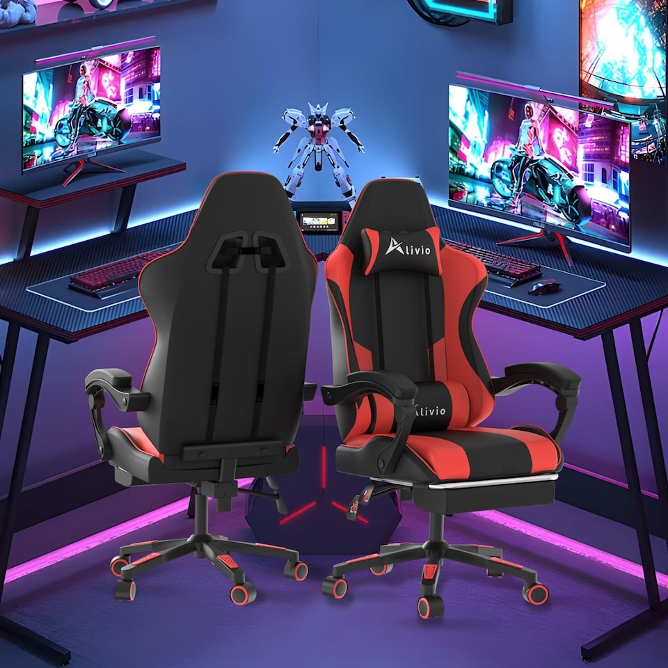 image 1 of Alivio Ergonomic Gaming Chair with Massage Lumbar Cushion & Retractable Footrest, PU Leather Video Game Chair (Red)
