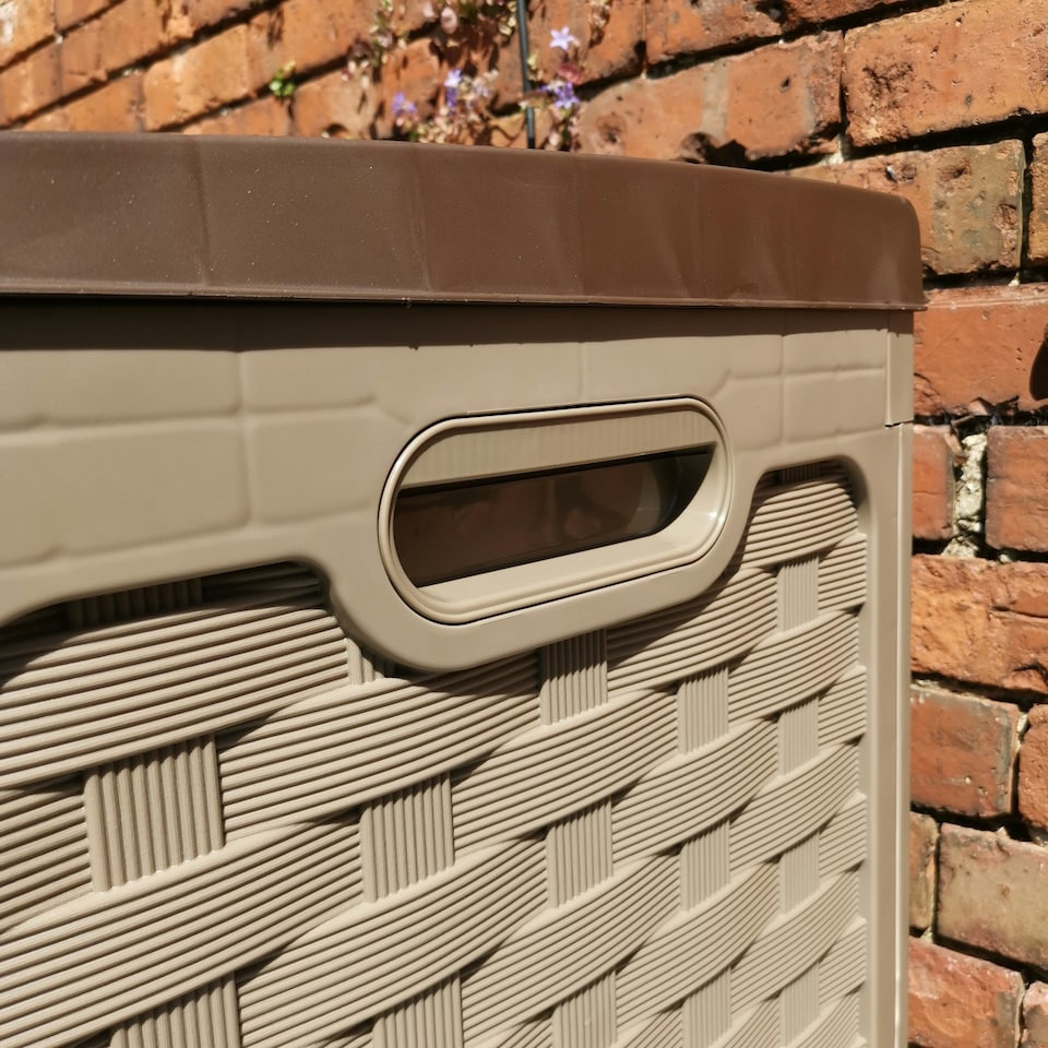 image 1 of 335 Litre Rattan Style Garden Cushion Storage Box with Sit on Lid – Dark Brown