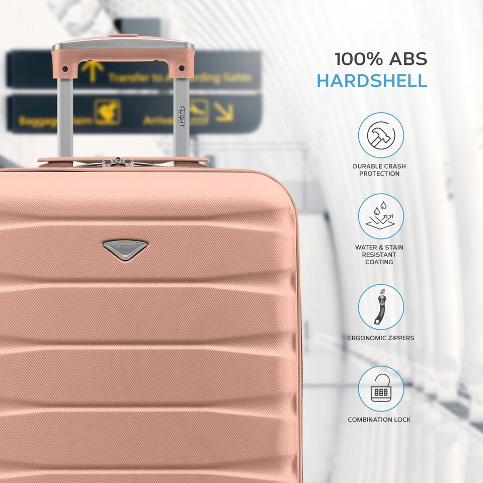 image 1 of Flight Knight Cabin Suitcase 56x36x23cm - 30+ Airlines Approved - British Airways, EasyJet- Lightweight 4 Wheel Carry On Hard Shell Hand Luggage Pink | Rose | Cabin Bag