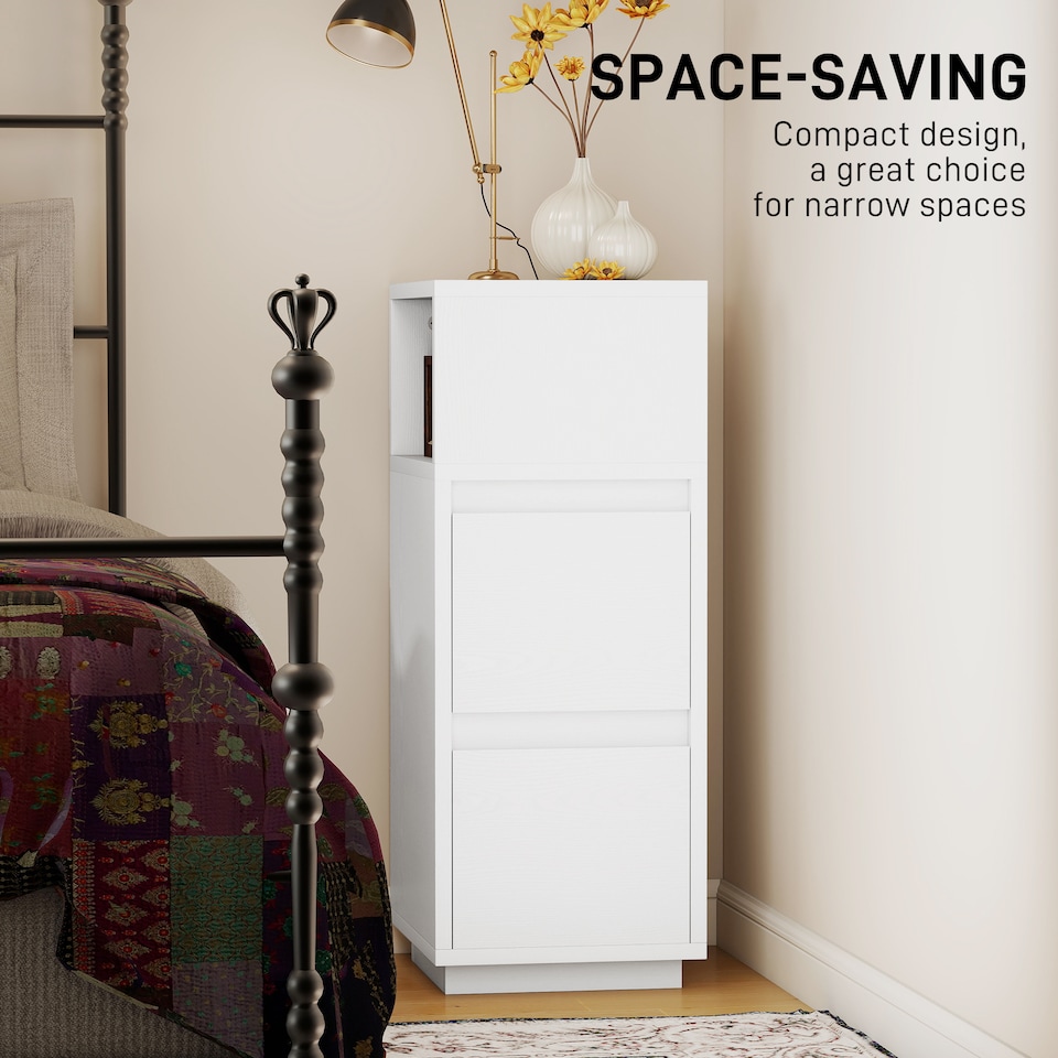 image 1 of HOMCOM Slim Bedside Table, Narrow Bedside Cabinet with Open Shelf and 2 Drawers, Modern Nightstand for Bedroom, Living Room, White | White | White