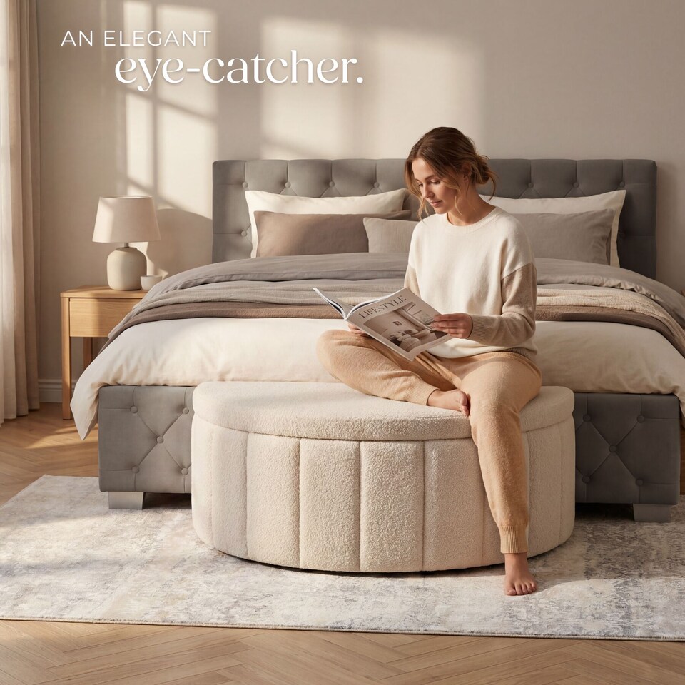image 1 of Moon upholstered bench with ample storage space, weight capacity 150 kg | Cream | bouclé cream | One Size | 1