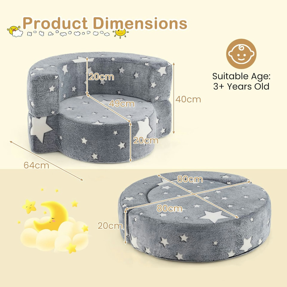 image 1 of COSTWAY Kids Plush Couch Toddlers 2 in 1 Sofa Play Mat | Grey | Chair