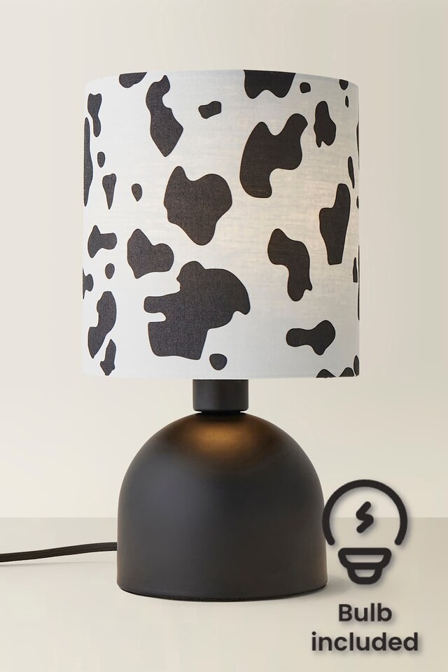 image 1 of ValueLights Miley Cow Print Shade Matte Black Table Lamp and Bulb