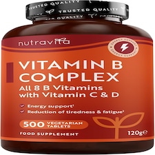 Nutravita Vitamin B Complex High Strength with Vitamin D + Vitamin C for Energy-Yielding Metabolism - Reduction of Tiredness (EFSA) - 500 Tablets