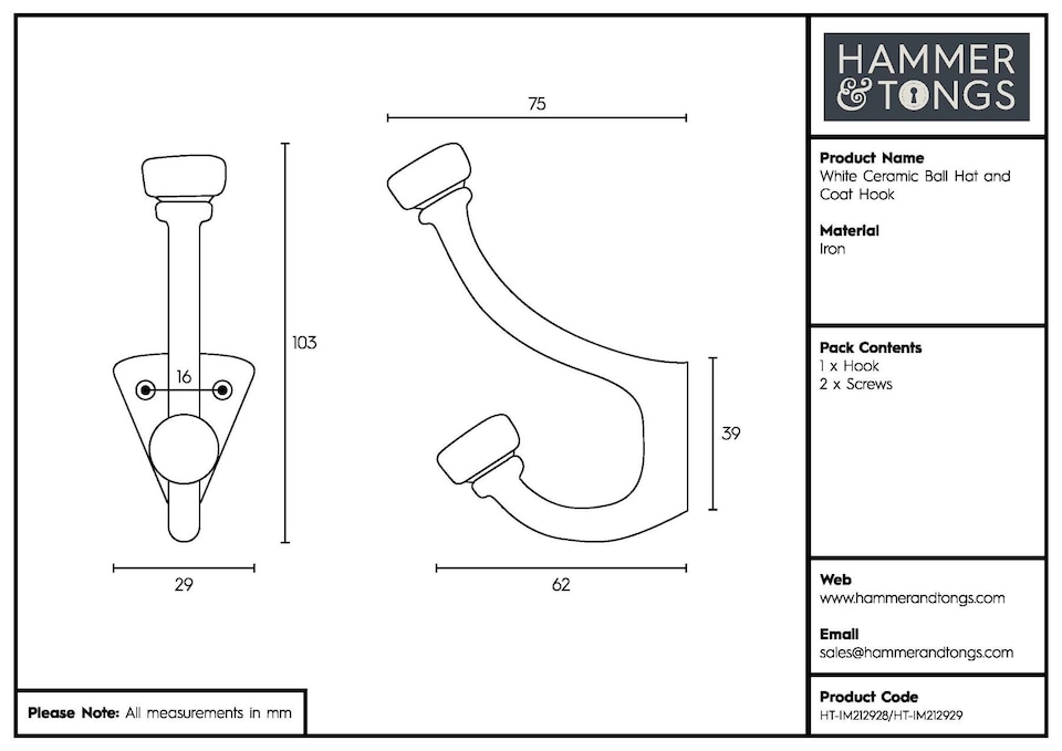 image 1 of Hammer & Tongs White Ceramic Ball Hat & Coat Hook - W30mm x H105mm - Black